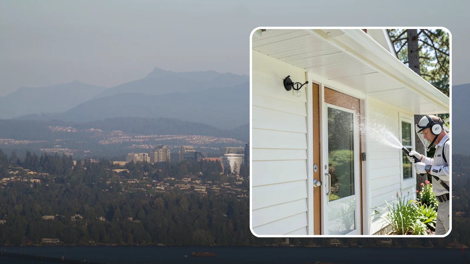 Entrance Canopy Cleaning in Medina, King County, WA - Overhead cleaning of entrance canopies and porte-cocheres that removes algae streaks, cobwebs, and grime from the first thing...