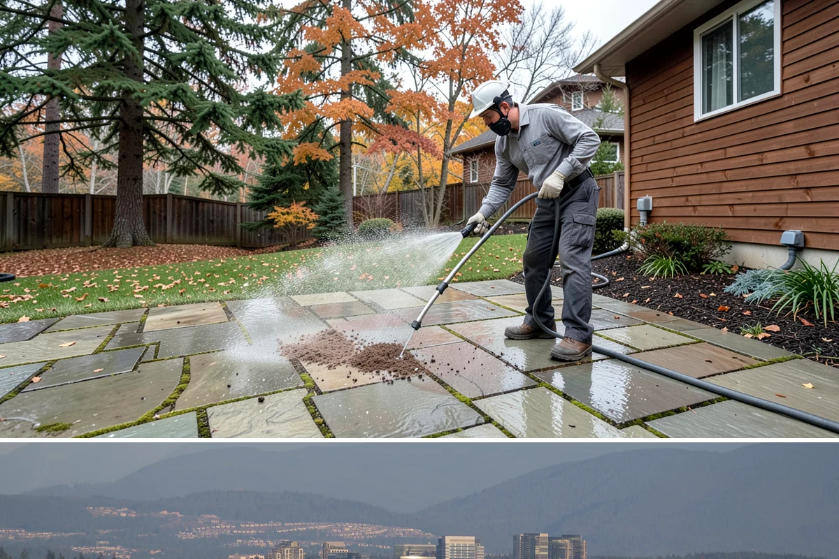 Entrance Canopy Cleaning in Medina, King County, WA - Spring cleaning clears the algae that accumulates over the wet winter, with a fall touch-up to remove seasonal debris.