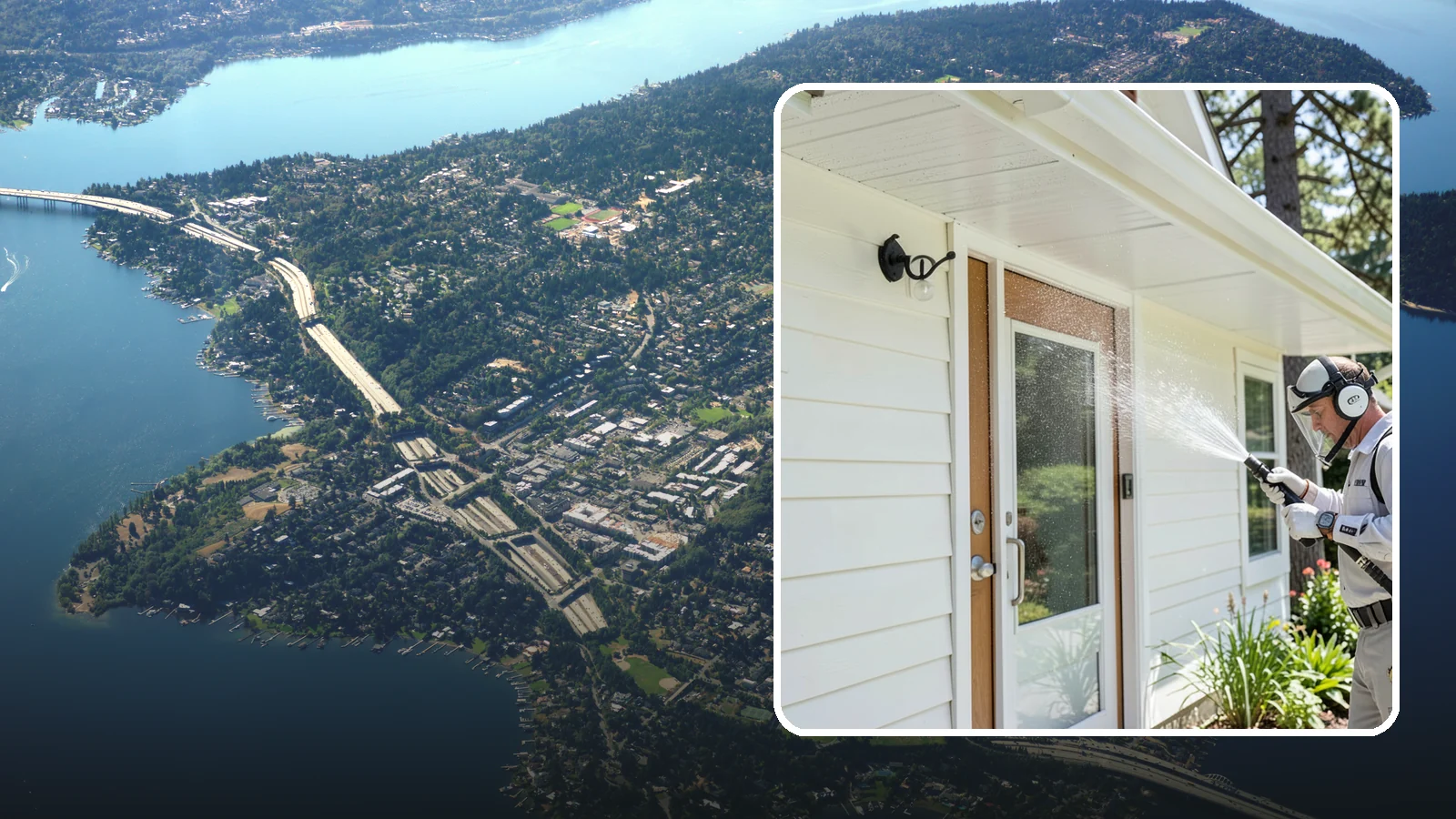 Entrance Canopy Cleaning in Mercer Island, King County, WA - Overhead cleaning of entrance canopies and porte-cocheres that removes algae streaks, cobwebs, and grime from the first thing...