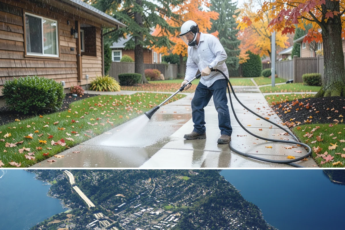 Entrance Canopy Cleaning in Mercer Island, King County, WA - Spring cleaning clears the algae that accumulates over the wet winter, with a fall touch-up to remove seasonal debris.
