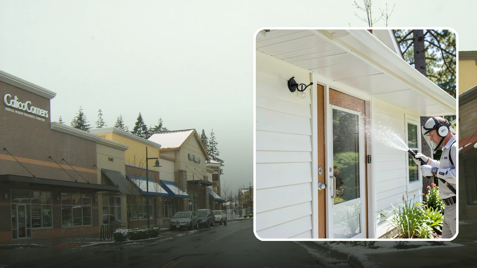 Entrance Canopy Cleaning in Mill Creek, Snohomish County, WA - Overhead cleaning of entrance canopies and porte-cocheres that removes algae streaks, cobwebs, and grime from the first thing...