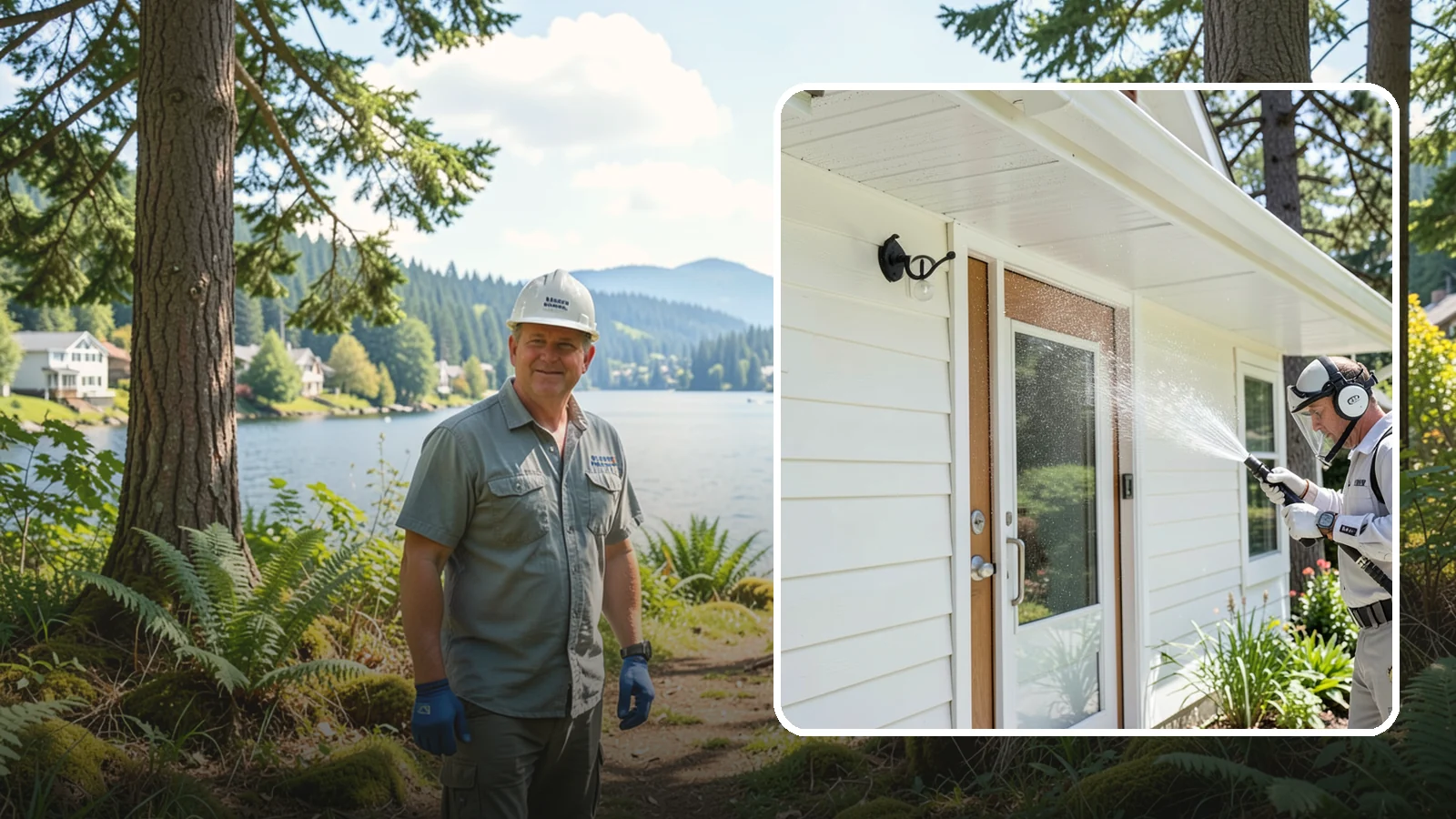 Entrance Canopy Cleaning in Milton, King County, WA - Overhead cleaning of entrance canopies and porte-cocheres that removes algae streaks, cobwebs, and grime from the first thing...