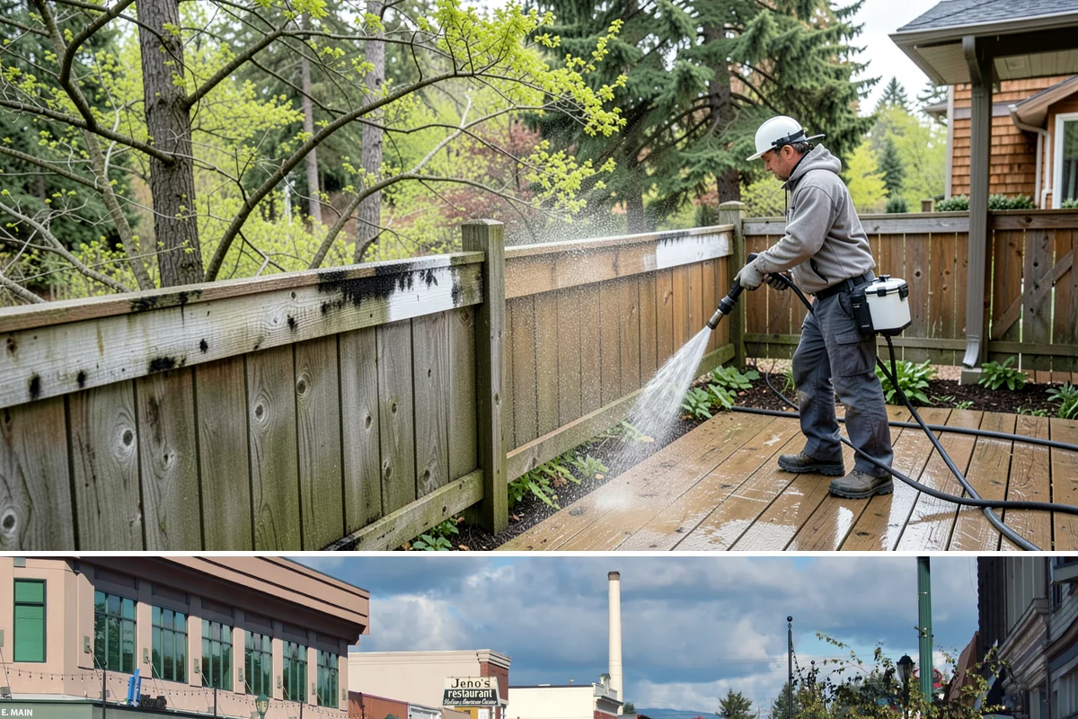 Entrance Canopy Cleaning in Monroe, Snohomish County, WA - Spring cleaning clears the algae that accumulates over the wet winter, with a fall touch-up to remove seasonal debris.