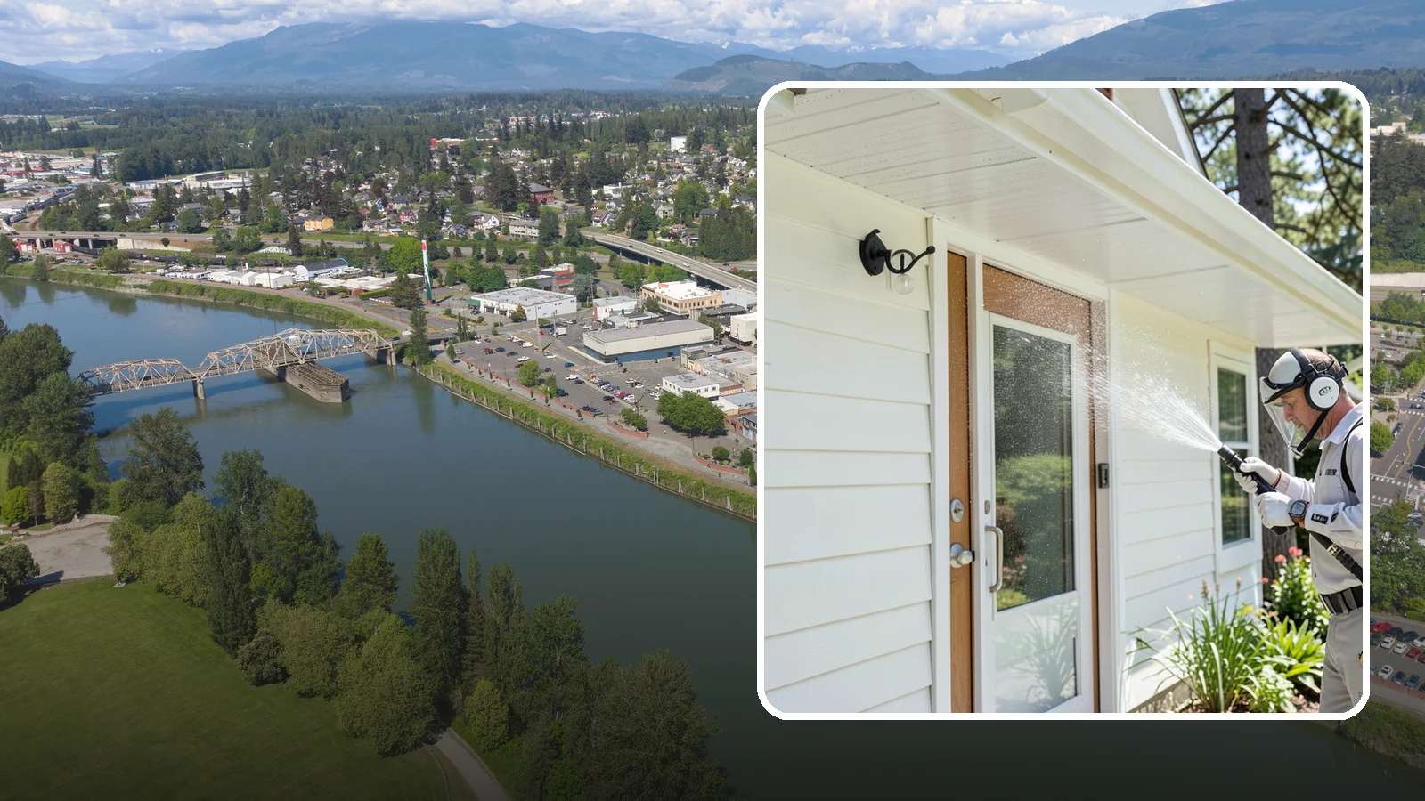 Entrance Canopy Cleaning in Mount Vernon, Skagit County, WA - Overhead cleaning of entrance canopies and porte-cocheres that removes algae streaks, cobwebs, and grime from the first thing...