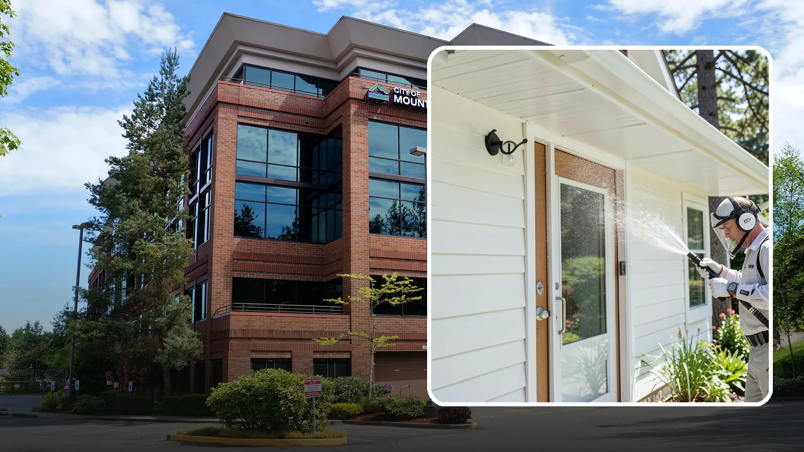 Entrance Canopy Cleaning in Mountlake Terrace, Snohomish County, WA - Overhead cleaning of entrance canopies and porte-cocheres that removes algae streaks, cobwebs, and grime from the first thing...