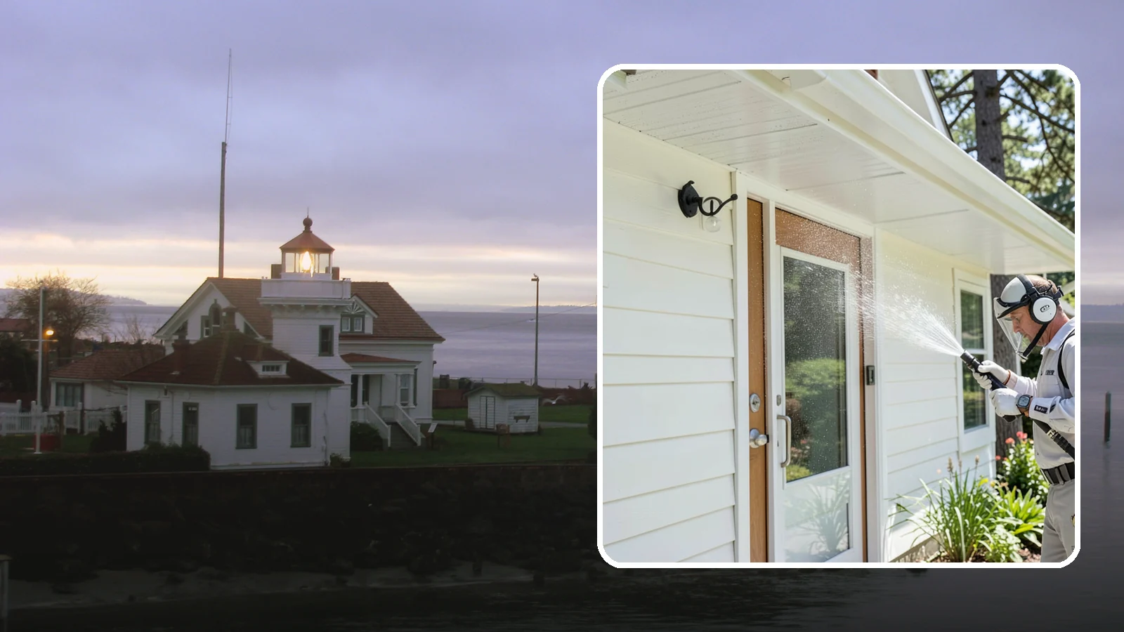 Entrance Canopy Cleaning in Mukilteo, Snohomish County, WA - Overhead cleaning of entrance canopies and porte-cocheres that removes algae streaks, cobwebs, and grime from the first thing...
