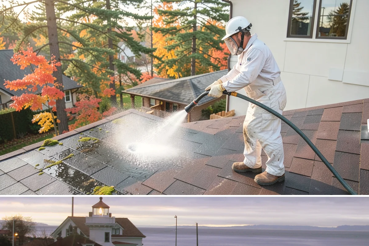 Entrance Canopy Cleaning in Mukilteo, Snohomish County, WA - Spring cleaning clears the algae that accumulates over the wet winter, with a fall touch-up to remove seasonal debris.