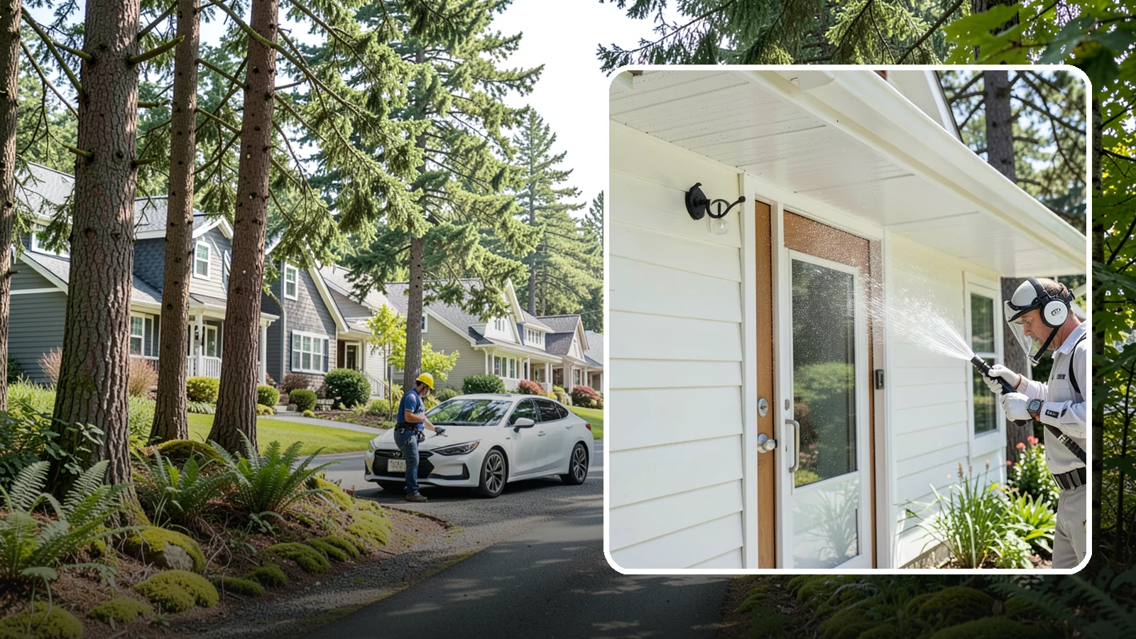 Entrance Canopy Cleaning in Normandy Park, King County, WA - Overhead cleaning of entrance canopies and porte-cocheres that removes algae streaks, cobwebs, and grime from the first thing...