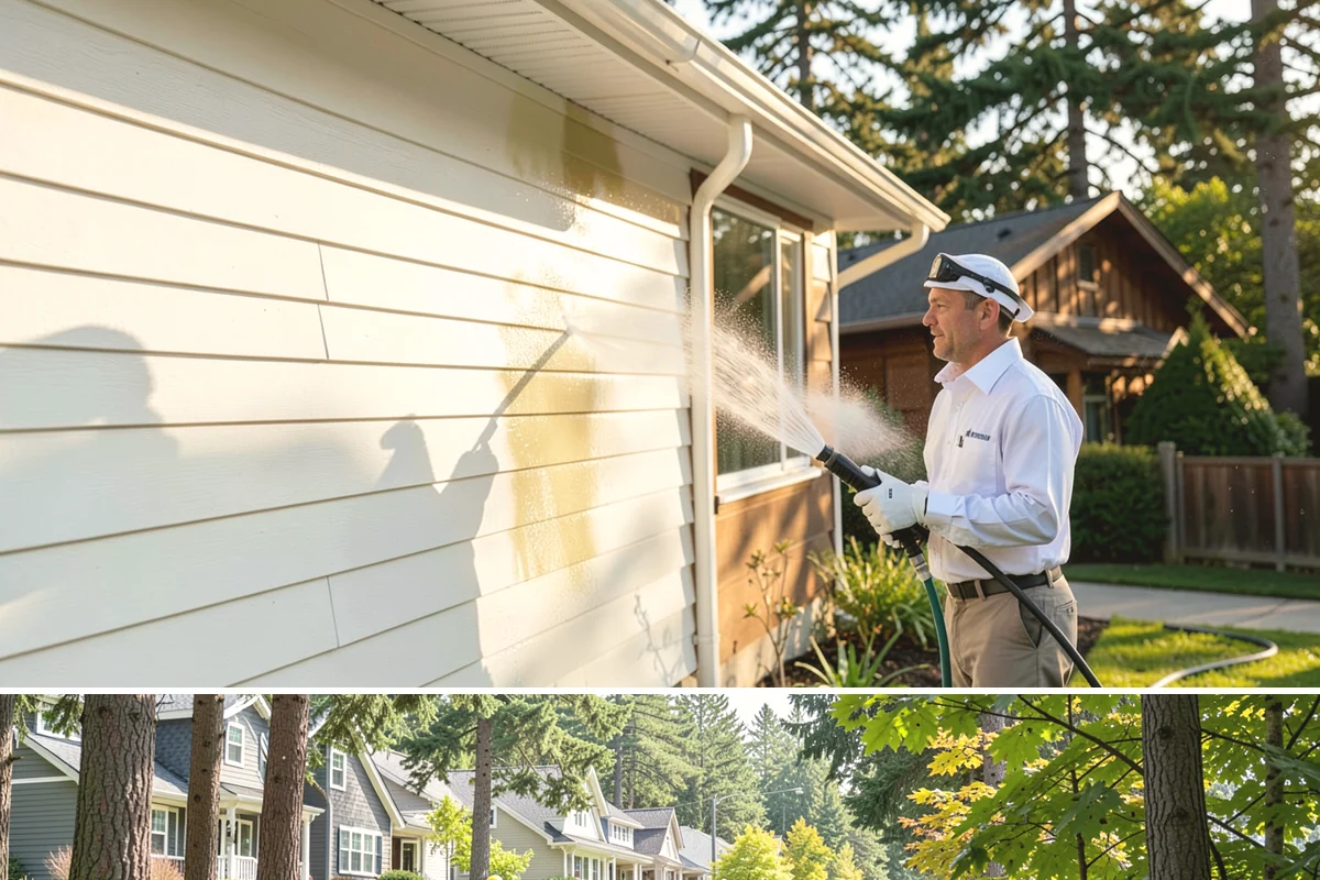 Entrance Canopy Cleaning in Normandy Park, King County, WA - Spring cleaning clears the algae that accumulates over the wet winter, with a fall touch-up to remove seasonal debris.