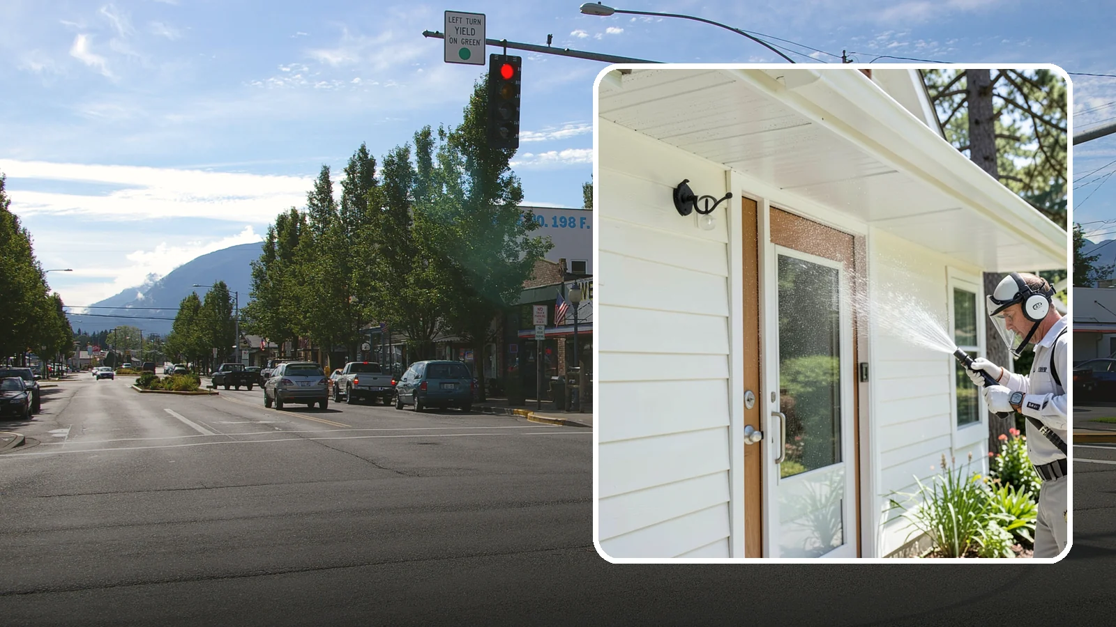 Entrance Canopy Cleaning in North Bend, King County, WA - Overhead cleaning of entrance canopies and porte-cocheres that removes algae streaks, cobwebs, and grime from the first thing...