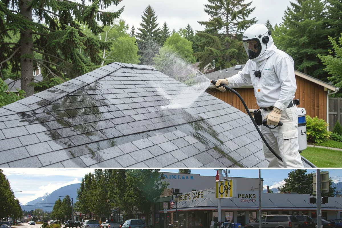 Entrance Canopy Cleaning in North Bend, King County, WA - Spring cleaning clears the algae that accumulates over the wet winter, with a fall touch-up to remove seasonal debris.
