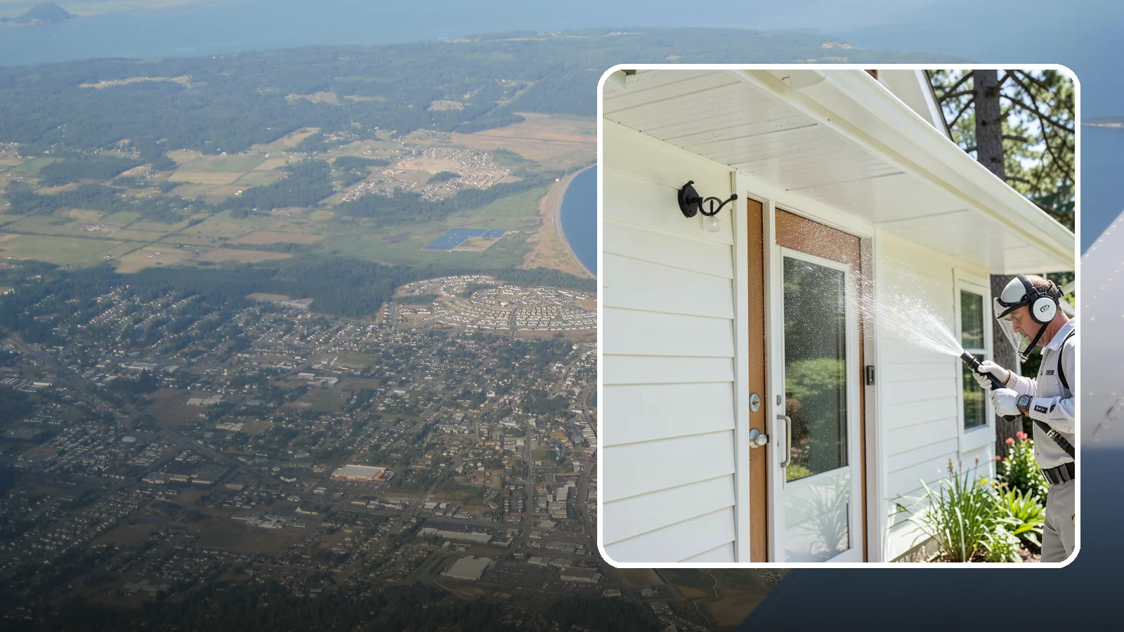 Entrance Canopy Cleaning in Oak Harbor, Island County, WA - Overhead cleaning of entrance canopies and porte-cocheres that removes algae streaks, cobwebs, and grime from the first thing...