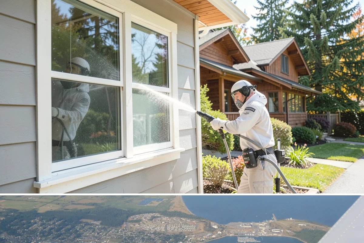 Entrance Canopy Cleaning in Oak Harbor, Island County, WA - Spring cleaning clears the algae that accumulates over the wet winter, with a fall touch-up to remove seasonal debris.