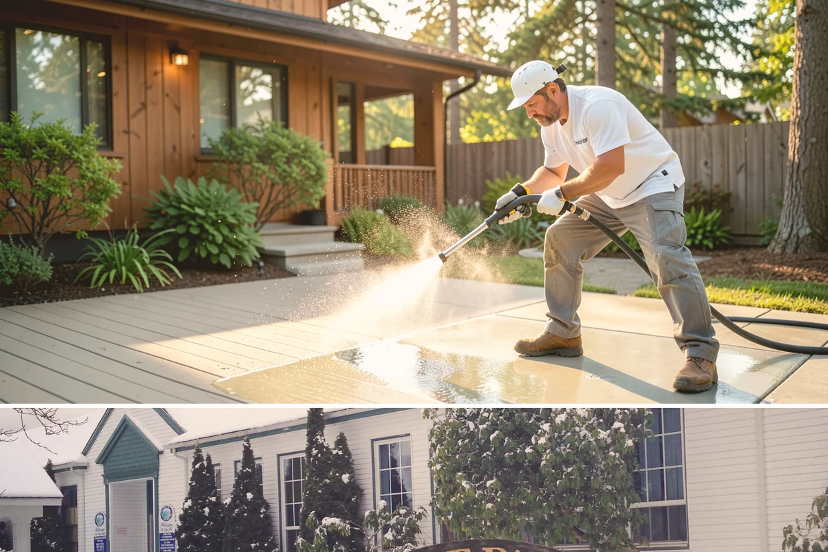 Entrance Canopy Cleaning in Pacific, King County, WA - Spring cleaning clears the algae that accumulates over the wet winter, with a fall touch-up to remove seasonal debris.