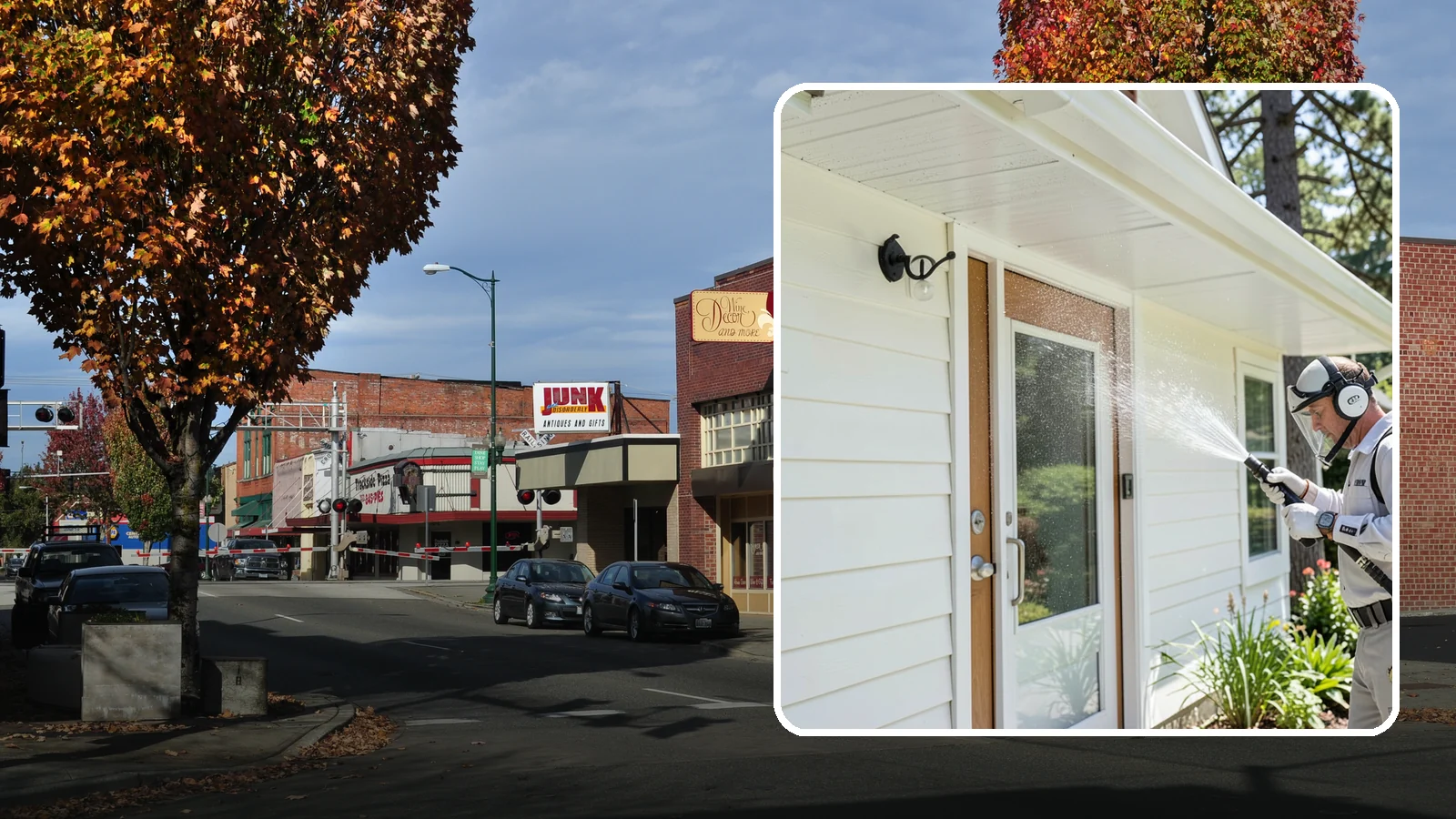 Entrance Canopy Cleaning in Puyallup, Pierce County, WA - Overhead cleaning of entrance canopies and porte-cocheres that removes algae streaks, cobwebs, and grime from the first thing...