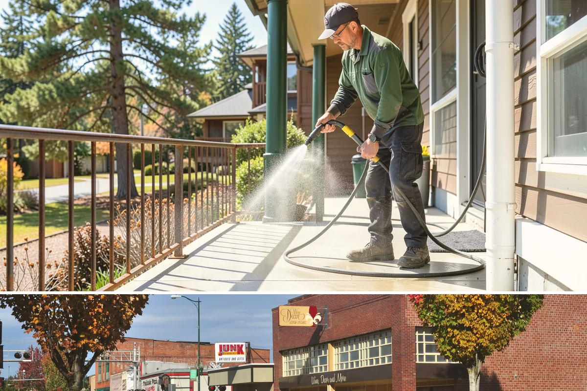 Entrance Canopy Cleaning in Puyallup, Pierce County, WA - Spring cleaning clears the algae that accumulates over the wet winter, with a fall touch-up to remove seasonal debris.