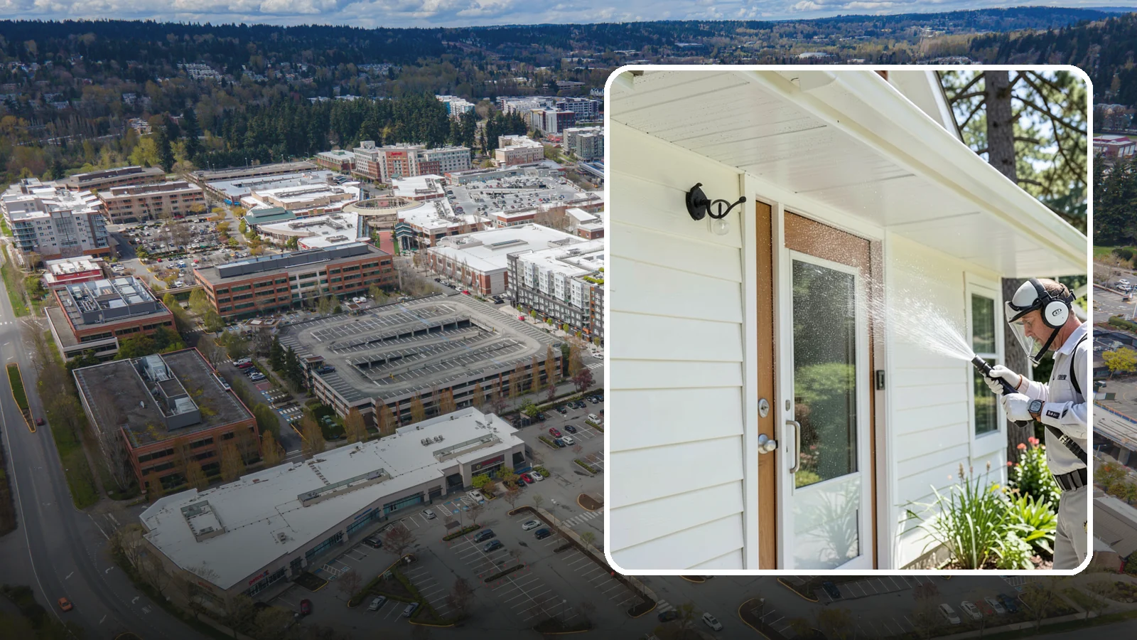 Entrance Canopy Cleaning in Redmond, King County, WA - Overhead cleaning of entrance canopies and porte-cocheres that removes algae streaks, cobwebs, and grime from the first thing...