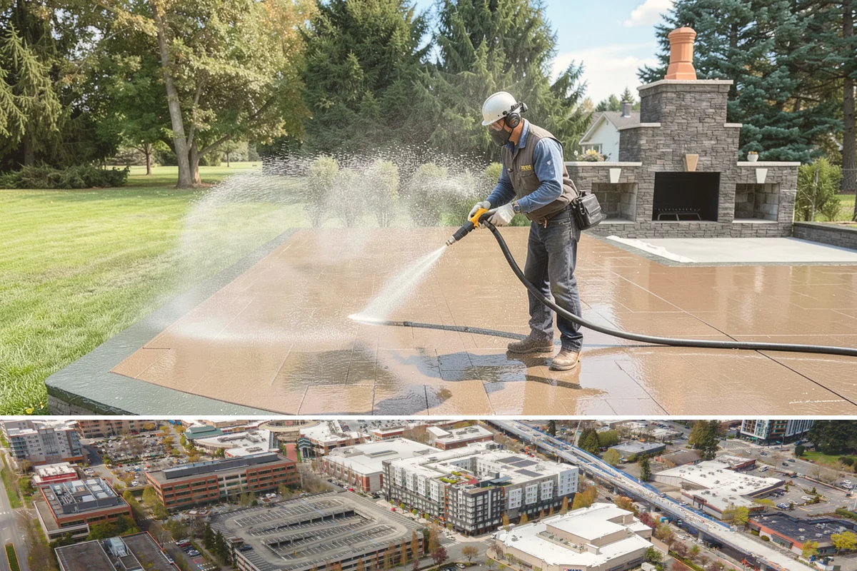Entrance Canopy Cleaning in Redmond, King County, WA - Spring cleaning clears the algae that accumulates over the wet winter, with a fall touch-up to remove seasonal debris.