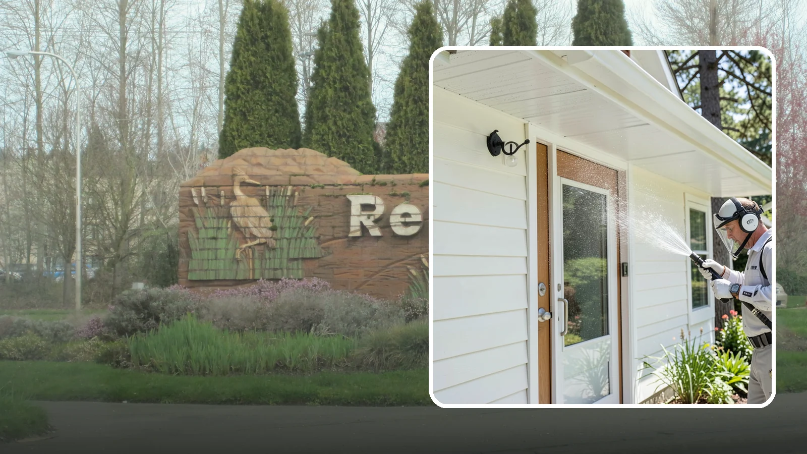 Entrance Canopy Cleaning in Renton, King County, WA - Overhead cleaning of entrance canopies and porte-cocheres that removes algae streaks, cobwebs, and grime from the first thing...