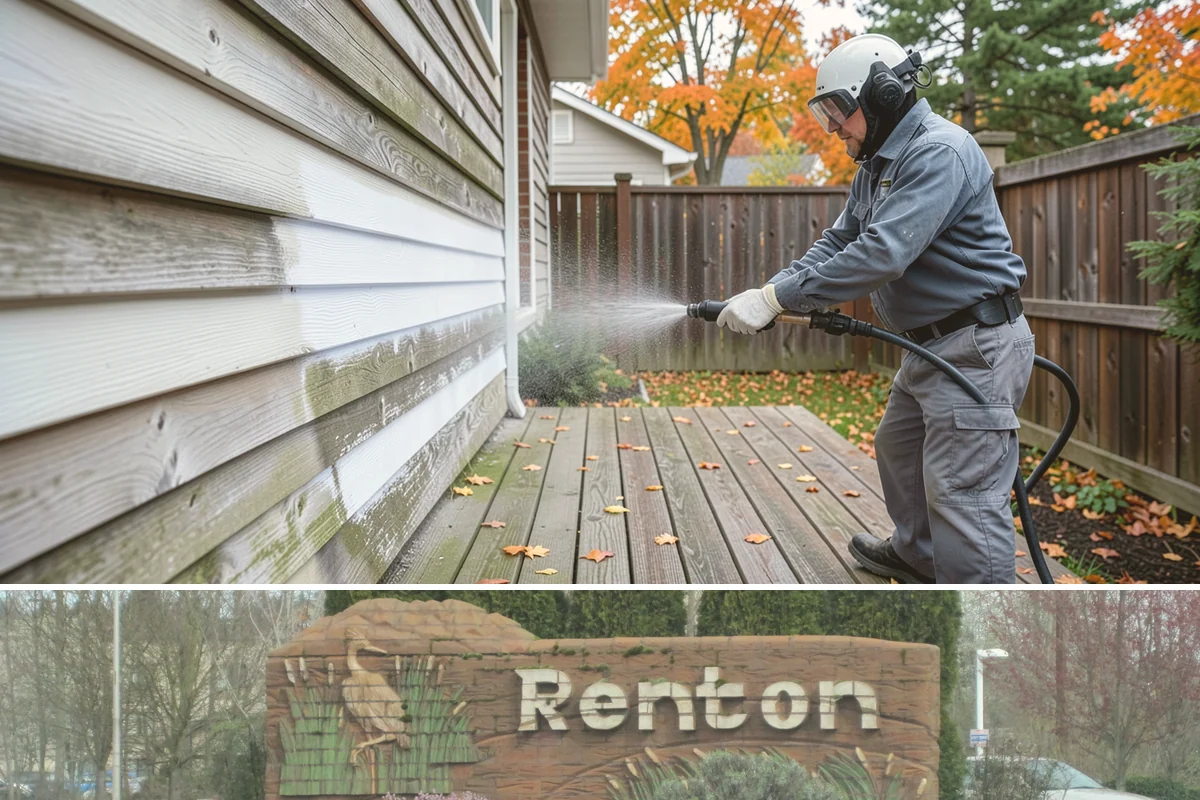 Entrance Canopy Cleaning in Renton, King County, WA - Spring cleaning clears the algae that accumulates over the wet winter, with a fall touch-up to remove seasonal debris.