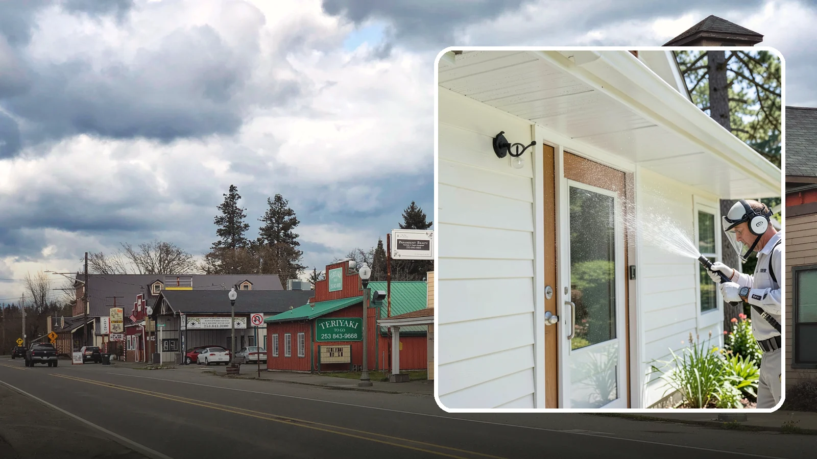 Entrance Canopy Cleaning in Roy, Pierce County, WA - Overhead cleaning of entrance canopies and porte-cocheres that removes algae streaks, cobwebs, and grime from the first thing...