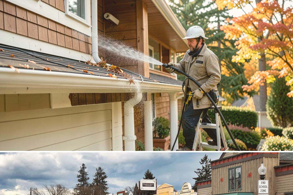 Entrance Canopy Cleaning in Roy, Pierce County, WA - Spring cleaning clears the algae that accumulates over the wet winter, with a fall touch-up to remove seasonal debris.