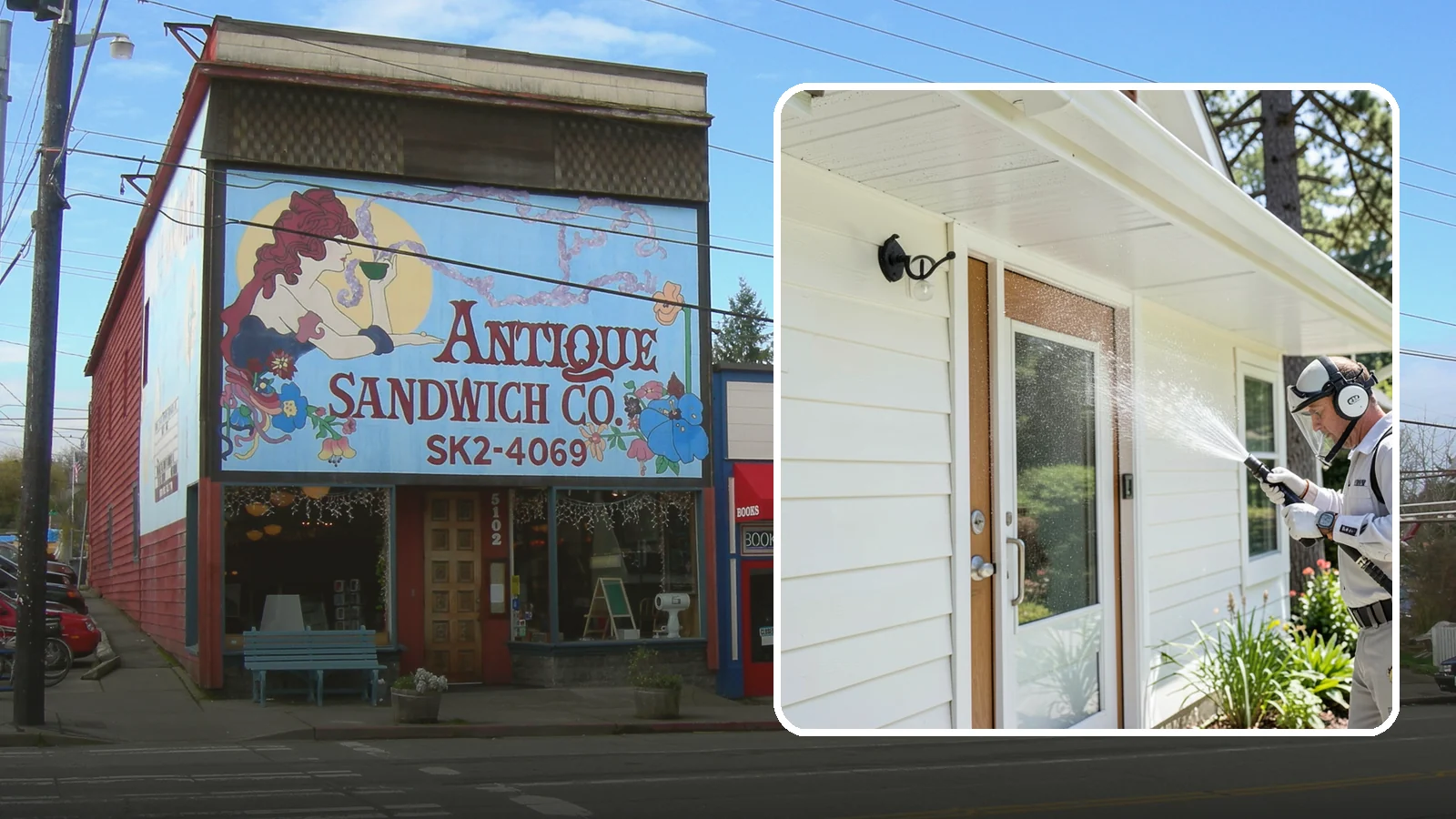Entrance Canopy Cleaning in Ruston, Pierce County, WA - Overhead cleaning of entrance canopies and porte-cocheres that removes algae streaks, cobwebs, and grime from the first thing...