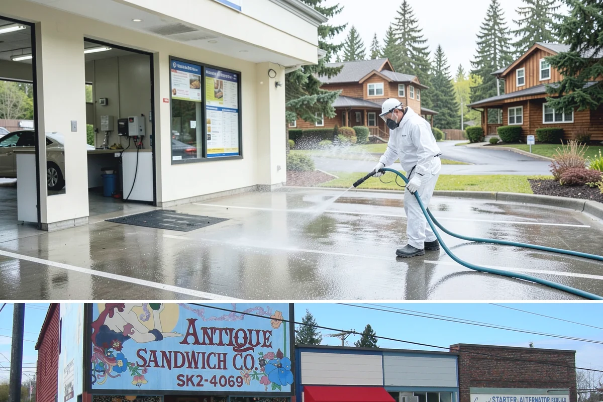 Entrance Canopy Cleaning in Ruston, Pierce County, WA - Spring cleaning clears the algae that accumulates over the wet winter, with a fall touch-up to remove seasonal debris.