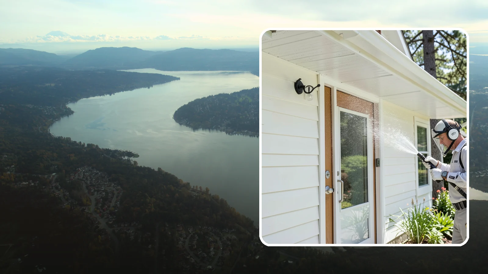 Entrance Canopy Cleaning in Sammamish, King County, WA - Overhead cleaning of entrance canopies and porte-cocheres that removes algae streaks, cobwebs, and grime from the first thing...