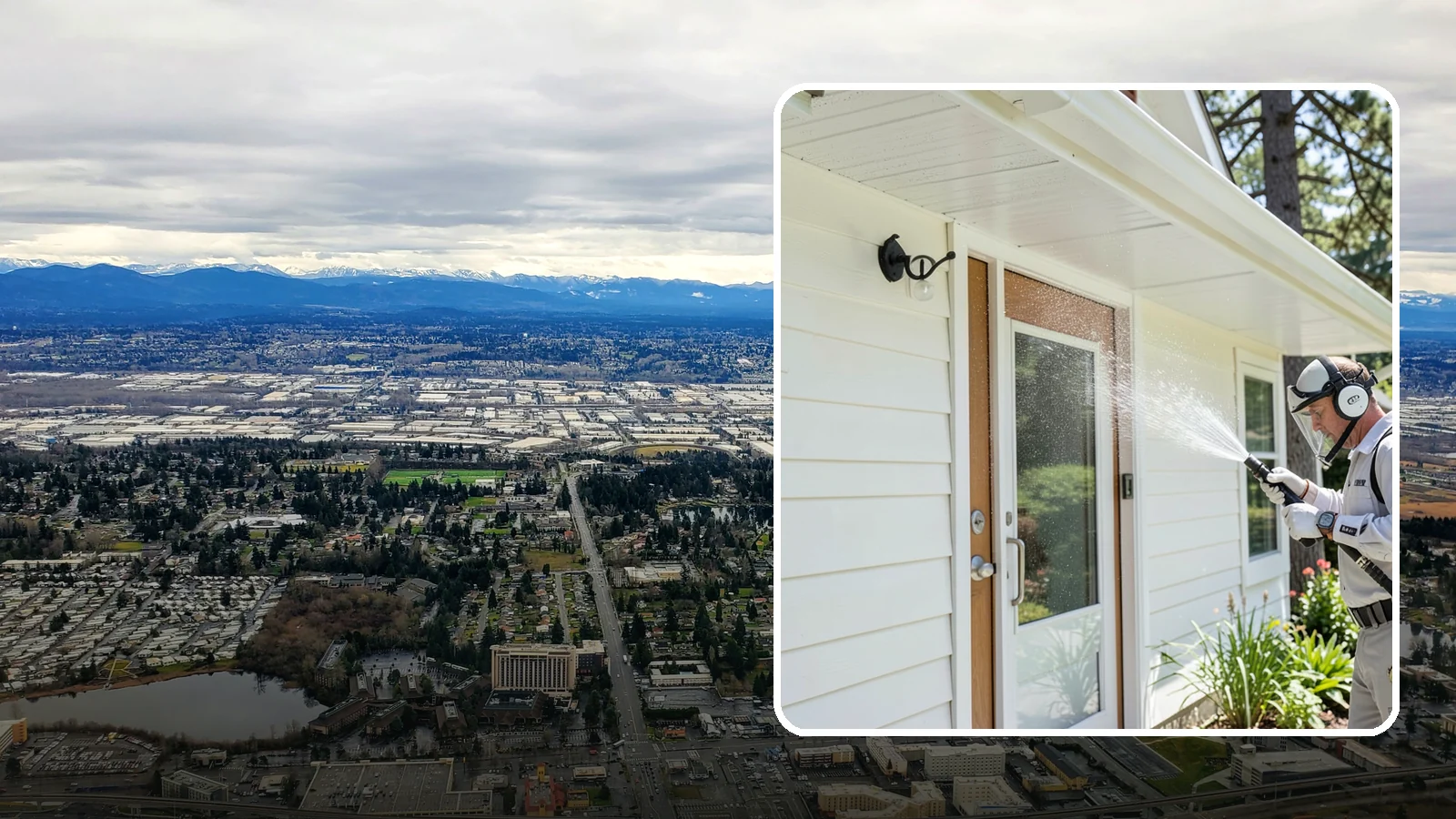 Entrance Canopy Cleaning in SeaTac, King County, WA - Overhead cleaning of entrance canopies and porte-cocheres that removes algae streaks, cobwebs, and grime from the first thing...