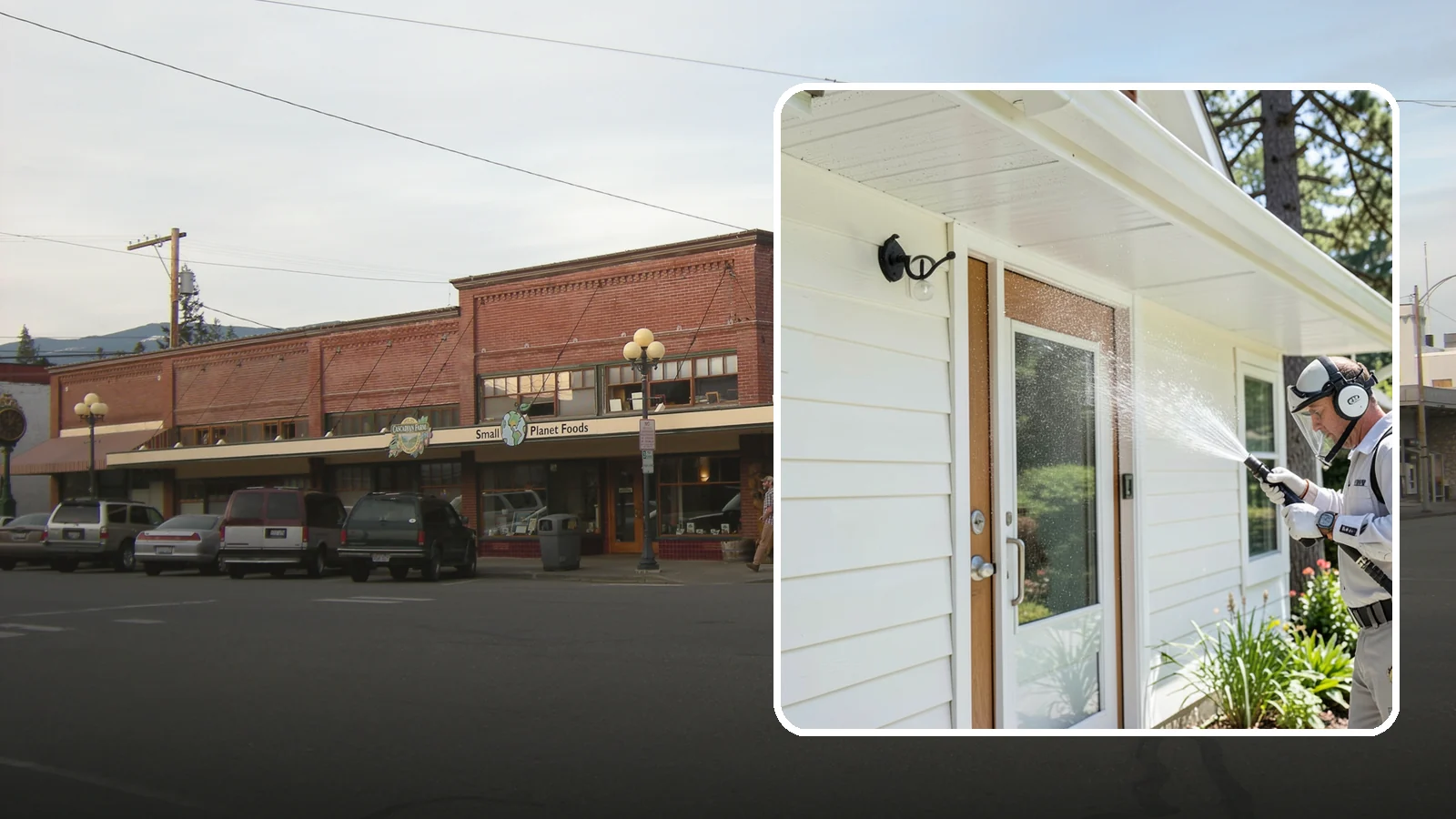 Entrance Canopy Cleaning in Sedro-Woolley, Skagit County, WA - Overhead cleaning of entrance canopies and porte-cocheres that removes algae streaks, cobwebs, and grime from the first thing...