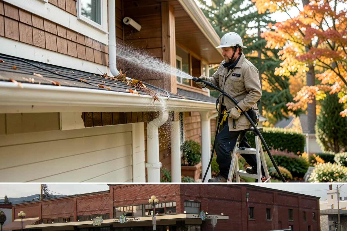 Entrance Canopy Cleaning in Sedro-Woolley, Skagit County, WA - Spring cleaning clears the algae that accumulates over the wet winter, with a fall touch-up to remove seasonal debris.