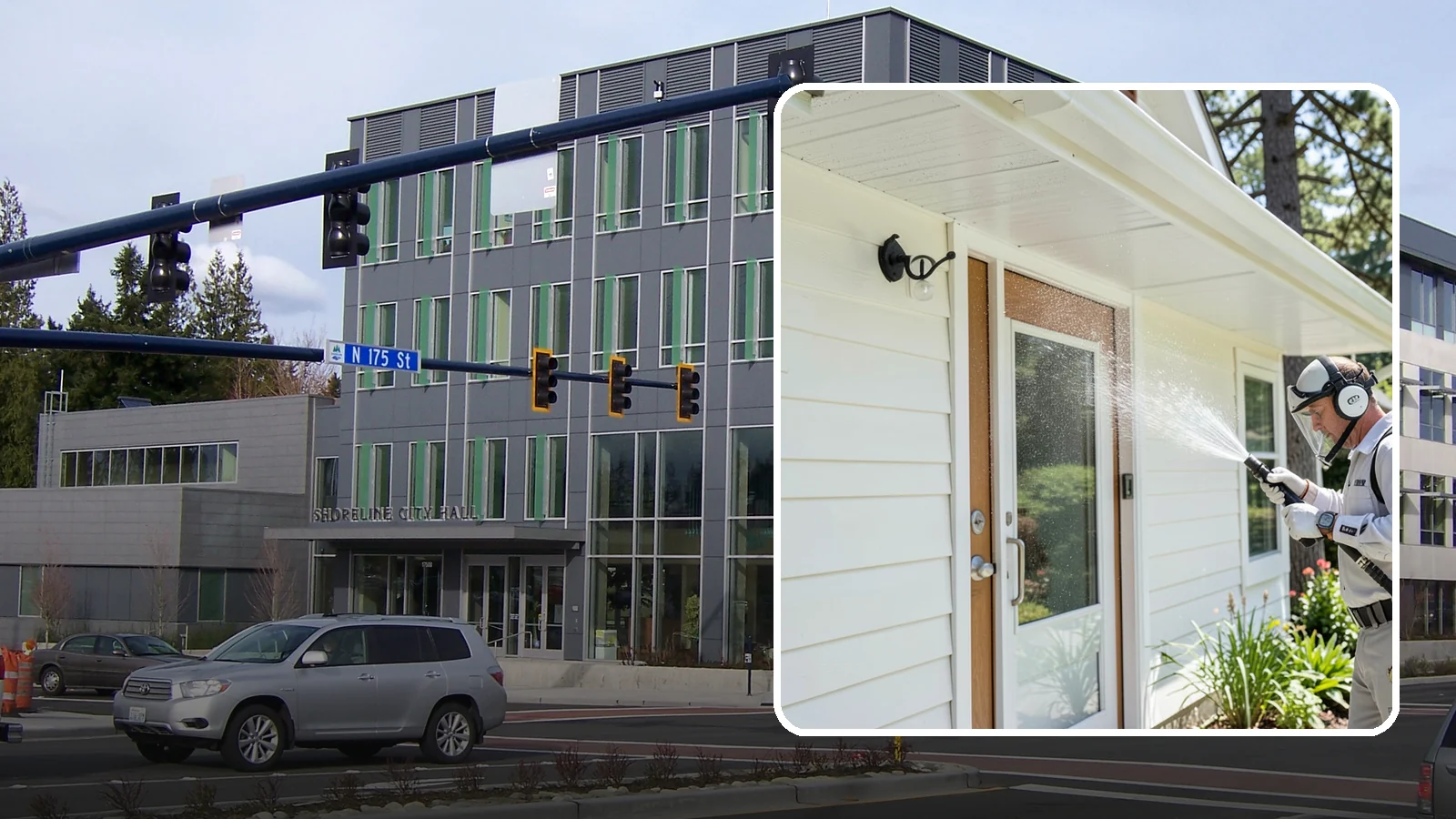 Entrance Canopy Cleaning in Shoreline, King County, WA - Overhead cleaning of entrance canopies and porte-cocheres that removes algae streaks, cobwebs, and grime from the first thing...