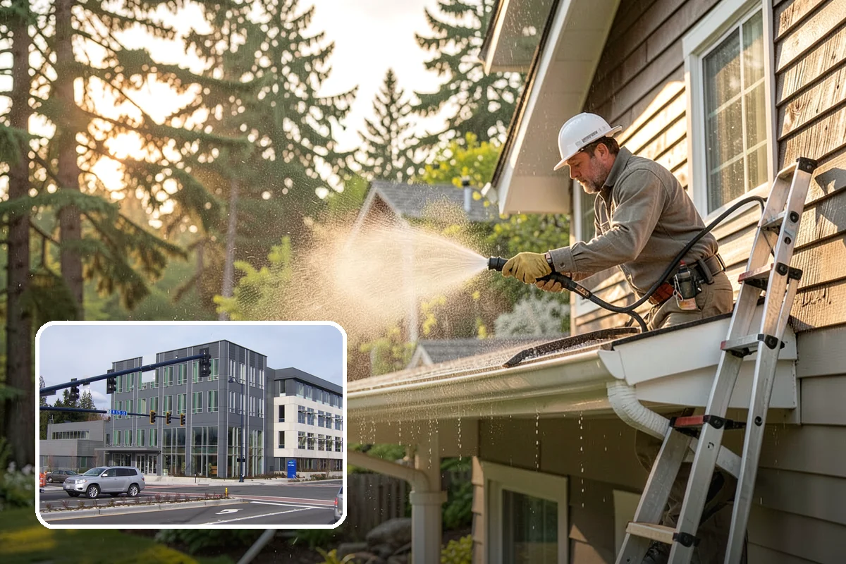 Entrance Canopy Cleaning in Shoreline, King County, WA - Brightens the canopy underside that visitors see first