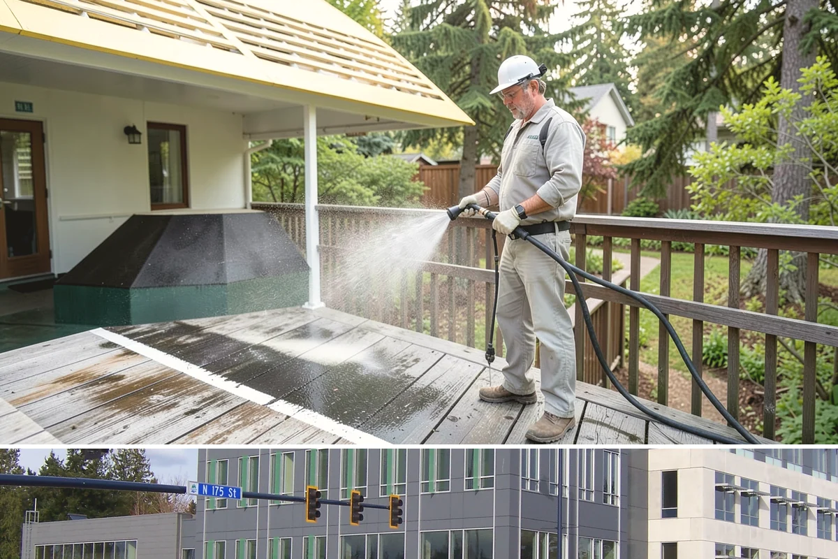 Entrance Canopy Cleaning in Shoreline, King County, WA - Spring cleaning clears the algae that accumulates over the wet winter, with a fall touch-up to remove seasonal debris.