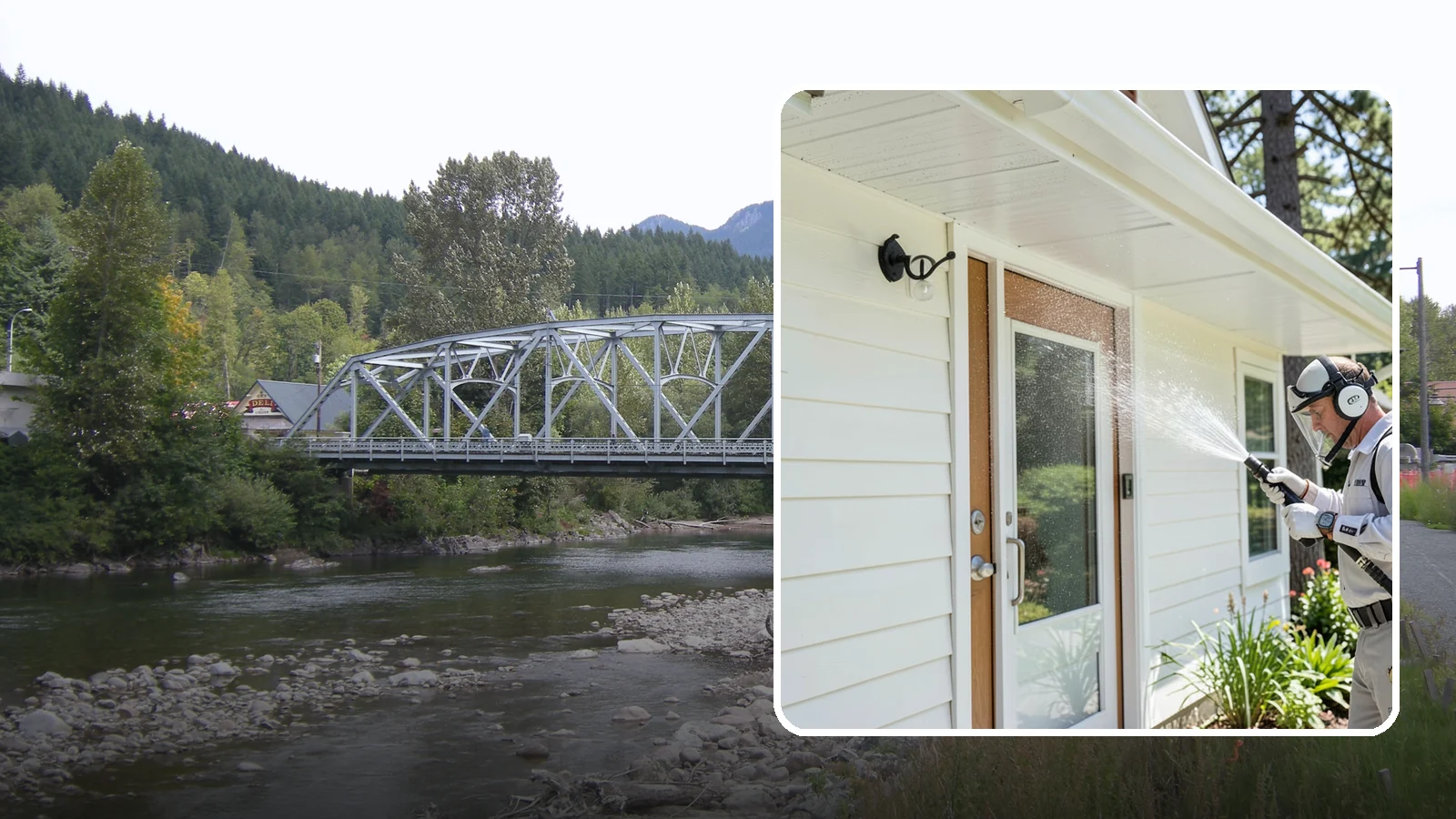 Entrance Canopy Cleaning in Skykomish, King County, WA - Overhead cleaning of entrance canopies and porte-cocheres that removes algae streaks, cobwebs, and grime from the first thing...