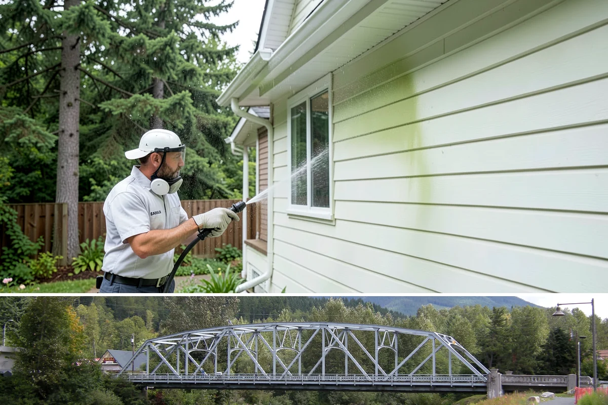 Entrance Canopy Cleaning in Skykomish, King County, WA - Spring cleaning clears the algae that accumulates over the wet winter, with a fall touch-up to remove seasonal debris.