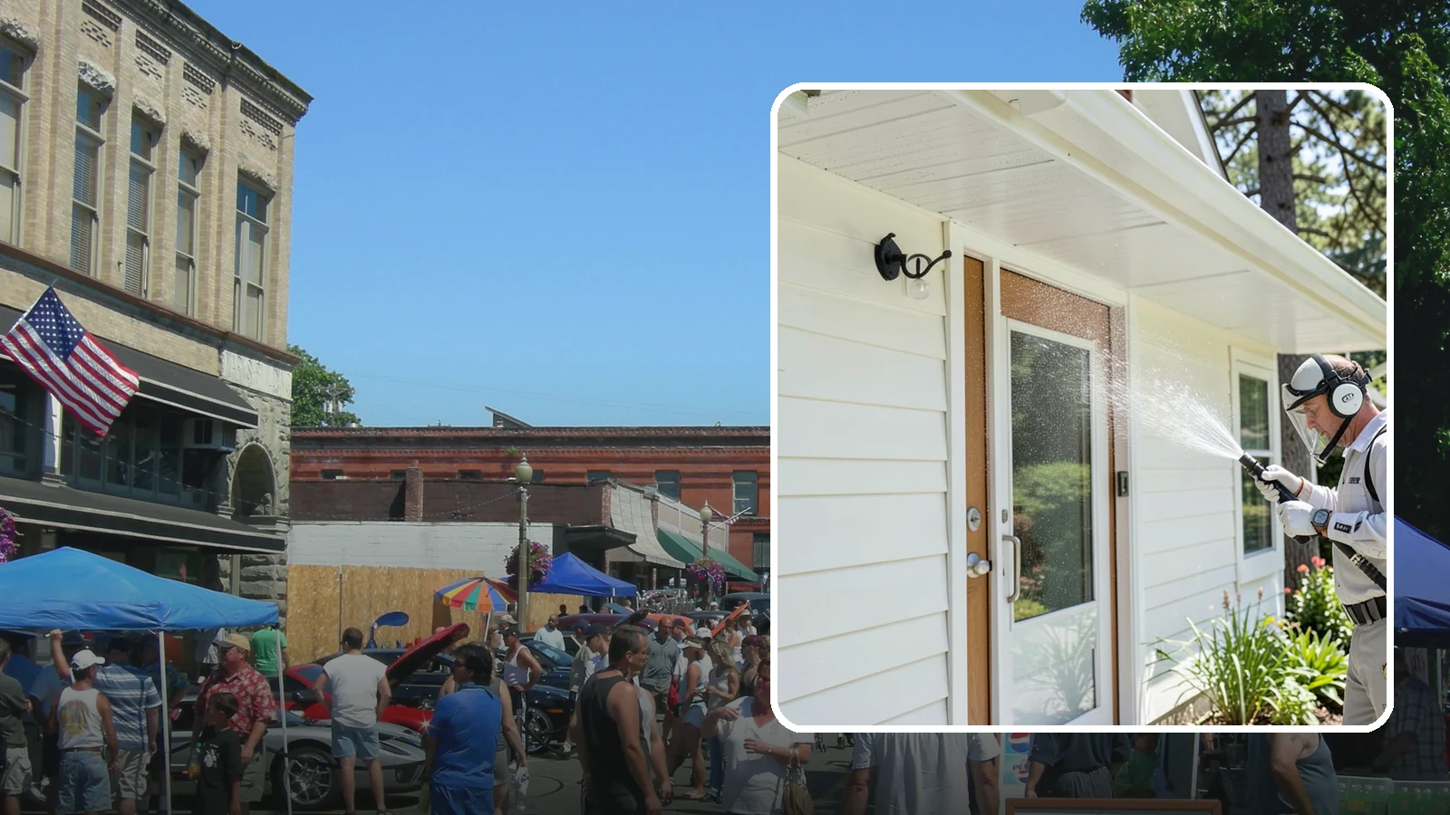 Entrance Canopy Cleaning in Snohomish, Snohomish County, WA - Overhead cleaning of entrance canopies and porte-cocheres that removes algae streaks, cobwebs, and grime from the first thing...