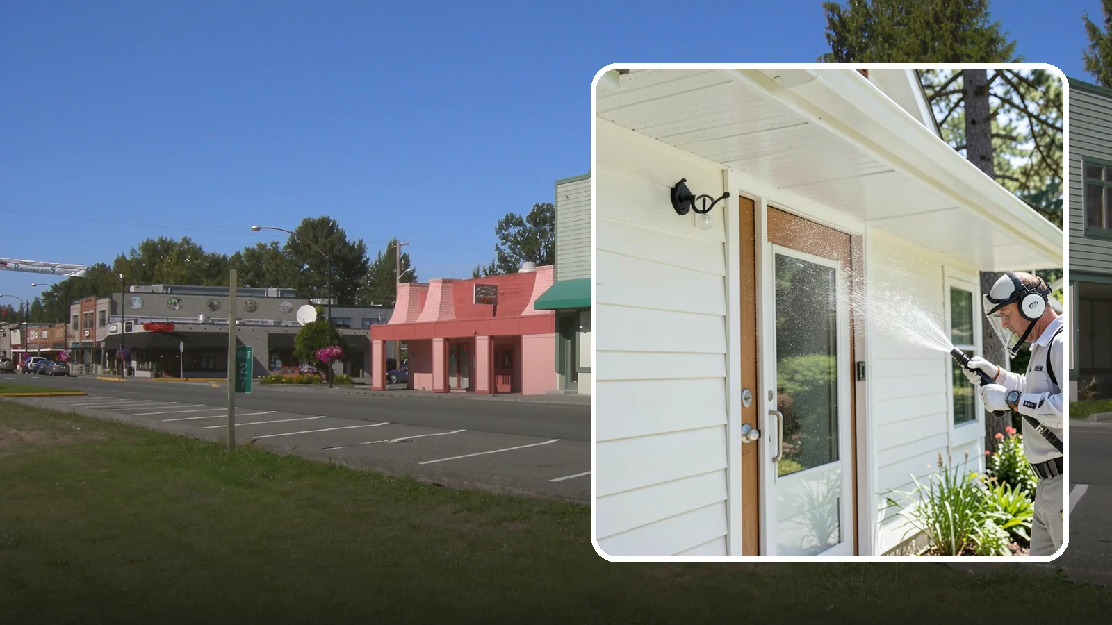 Entrance Canopy Cleaning in Snoqualmie, King County, WA - Overhead cleaning of entrance canopies and porte-cocheres that removes algae streaks, cobwebs, and grime from the first thing...