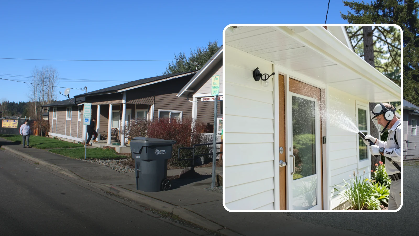 Entrance Canopy Cleaning in South Prairie, Pierce County, WA - Overhead cleaning of entrance canopies and porte-cocheres that removes algae streaks, cobwebs, and grime from the first thing...