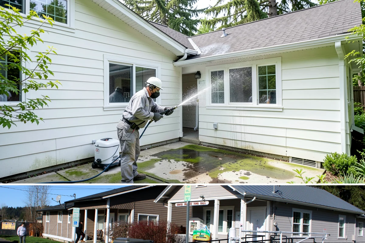 Entrance Canopy Cleaning in South Prairie, Pierce County, WA - Spring cleaning clears the algae that accumulates over the wet winter, with a fall touch-up to remove seasonal debris.