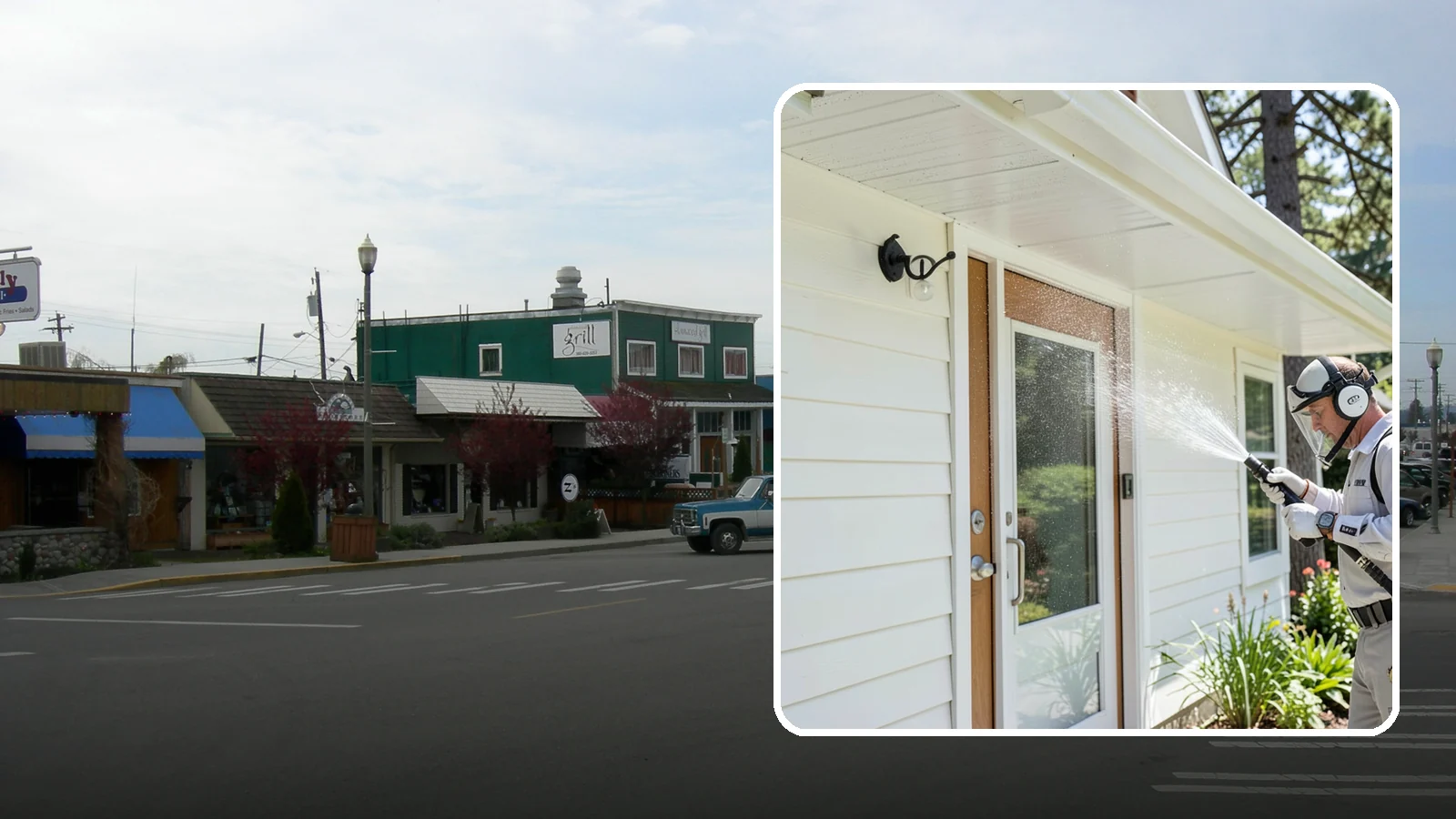 Entrance Canopy Cleaning in Stanwood, Snohomish County, WA - Overhead cleaning of entrance canopies and porte-cocheres that removes algae streaks, cobwebs, and grime from the first thing...