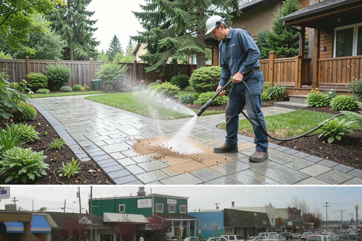 Entrance Canopy Cleaning in Stanwood, Snohomish County, WA - Spring cleaning clears the algae that accumulates over the wet winter, with a fall touch-up to remove seasonal debris.