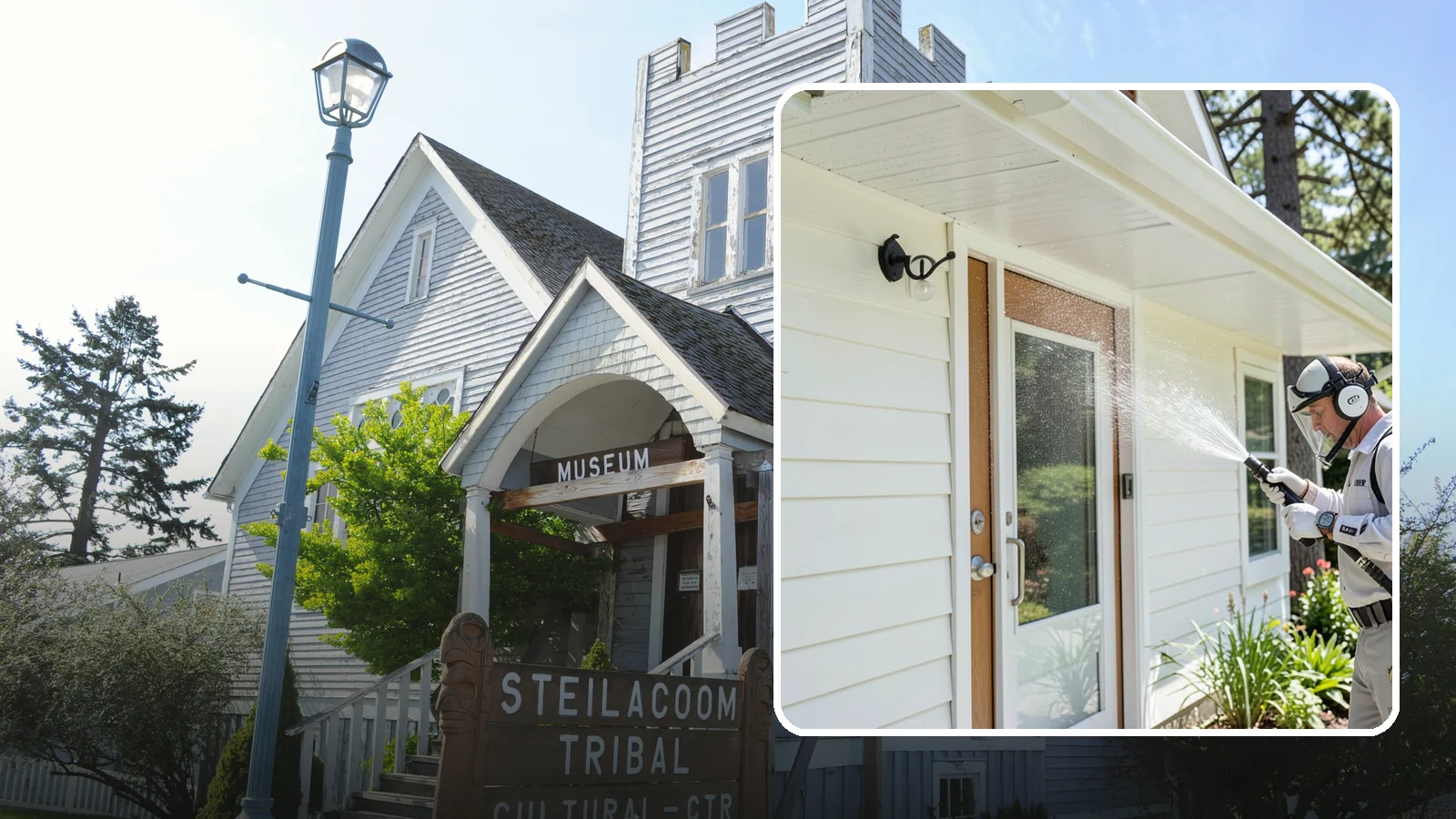 Entrance Canopy Cleaning in Steilacoom, Pierce County, WA - Overhead cleaning of entrance canopies and porte-cocheres that removes algae streaks, cobwebs, and grime from the first thing...