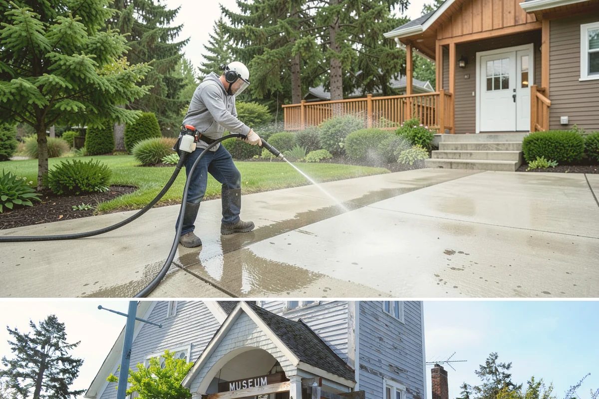 Entrance Canopy Cleaning in Steilacoom, Pierce County, WA - Spring cleaning clears the algae that accumulates over the wet winter, with a fall touch-up to remove seasonal debris.