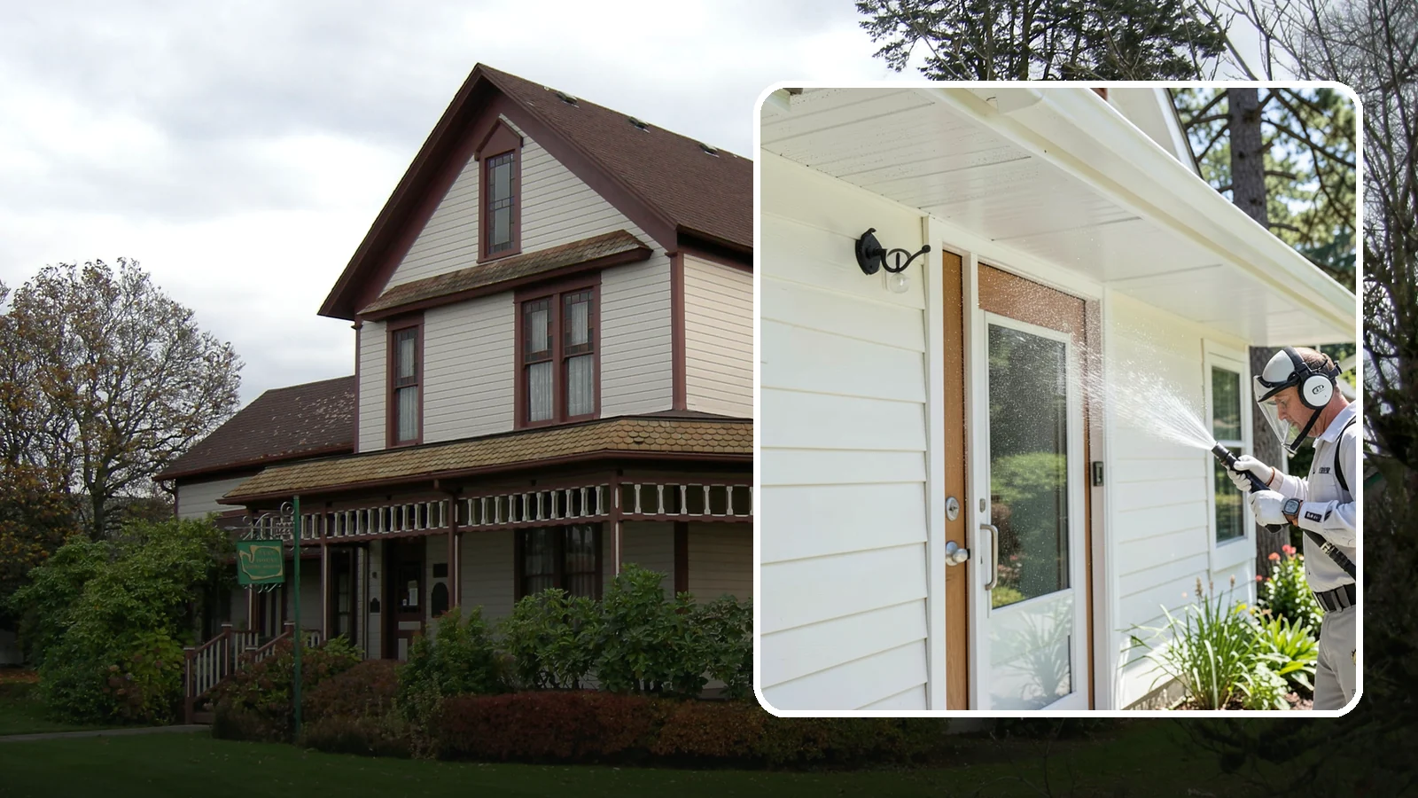 Entrance Canopy Cleaning in Sumner, Pierce County, WA - Overhead cleaning of entrance canopies and porte-cocheres that removes algae streaks, cobwebs, and grime from the first thing...