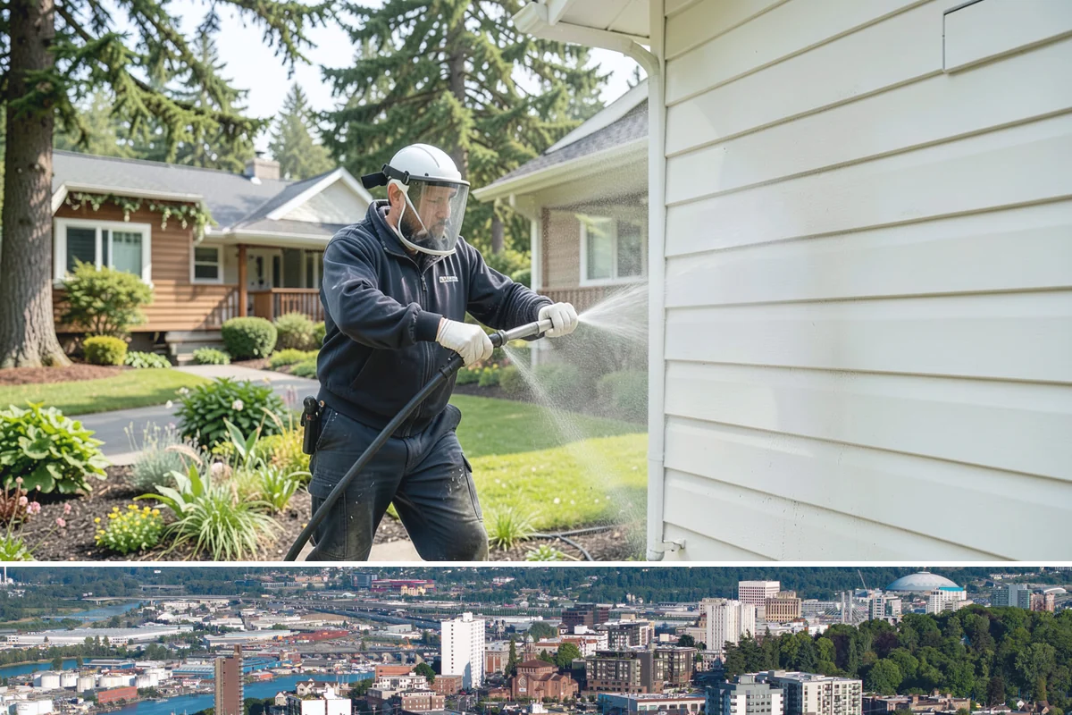 Entrance Canopy Cleaning in Tacoma, Pierce County, WA - Spring cleaning clears the algae that accumulates over the wet winter, with a fall touch-up to remove seasonal debris.