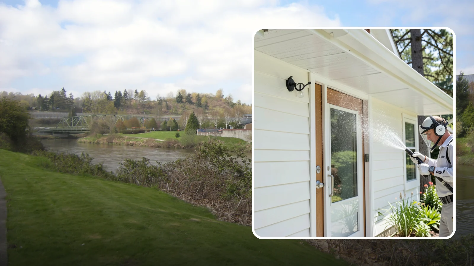 Entrance Canopy Cleaning in Tukwila, King County, WA - Overhead cleaning of entrance canopies and porte-cocheres that removes algae streaks, cobwebs, and grime from the first thing...