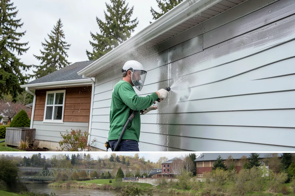 Entrance Canopy Cleaning in Tukwila, King County, WA - Spring cleaning clears the algae that accumulates over the wet winter, with a fall touch-up to remove seasonal debris.