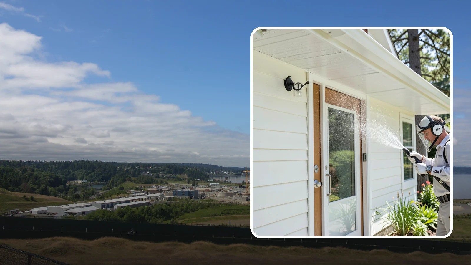 Entrance Canopy Cleaning in University Place, Pierce County, WA - Overhead cleaning of entrance canopies and porte-cocheres that removes algae streaks, cobwebs, and grime from the first thing...